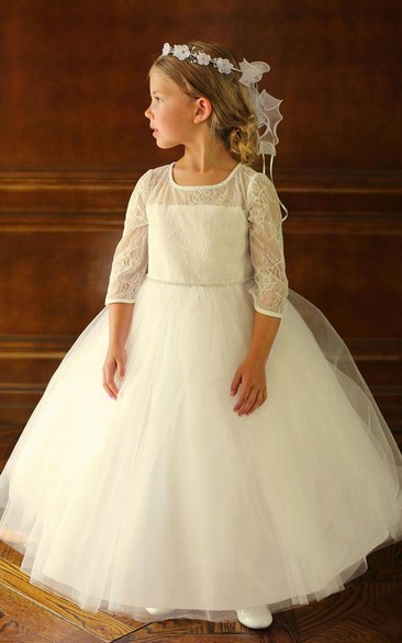 Ankle-Length Beaded Tiered Tulle&Lace Flower Girl Dress