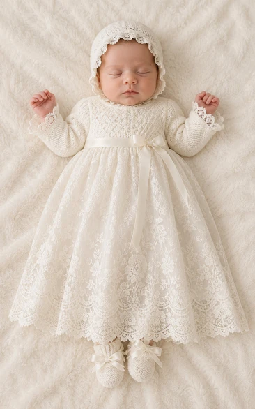 Baby Christening Gown Modest Princess Ball Gown Long Sleeve Illusion Tulle Lace Tea-Length with Bonnet in Ivory