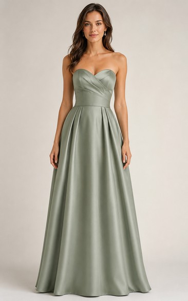 Sage Strapless Sweetheart Satin A-Line Bridesmaid Dress
