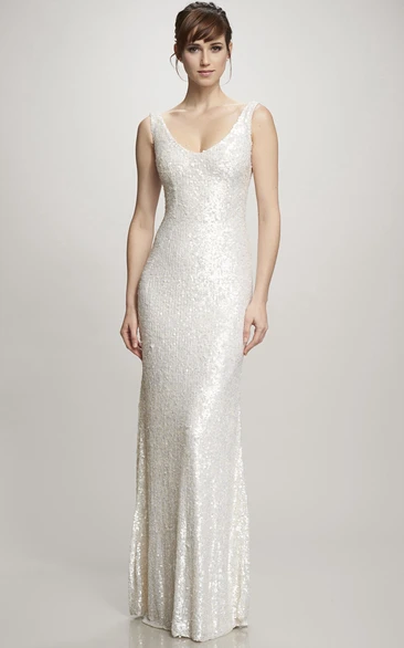Floor-Length V-Neck Sequins Wedding Dress With Brush Train And V Back