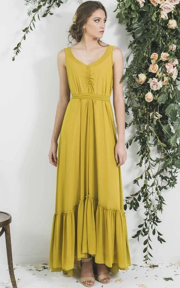 High-Low Sleeveless V-Neck Pleated Chiffon Bridesmaid Dress With Sash