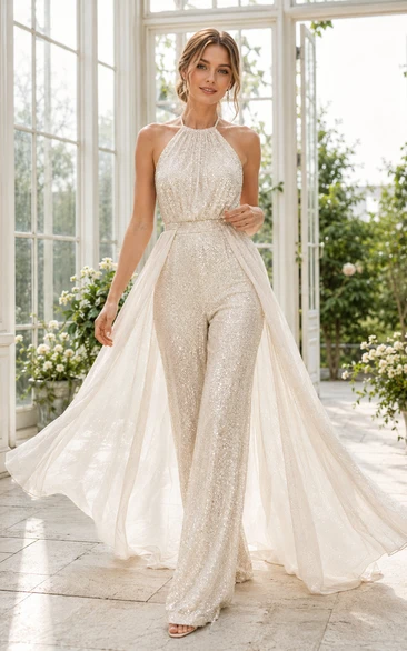 Ivory Halter Sequin Bridal Jumpsuit with Tulle Overskirt