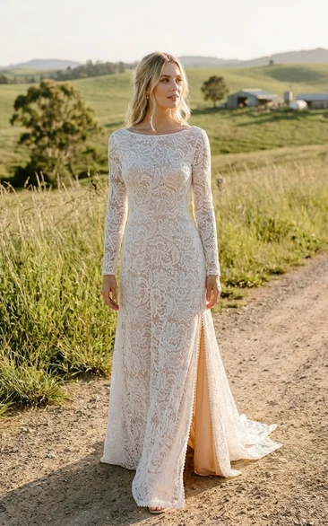 Lace Wedding Dress Sheath Bateau Neck Long Sleeve Country Bridal Gown with Slit