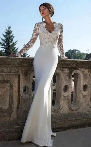 Lace Long Sleeve V-neck Sheath Sexy Elegant Wedding Dress