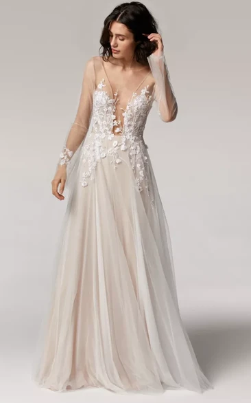 Flowy Ethereal Tulle Lace Applique Illusion A-line Long Sleeve Wedding Dress with Applique