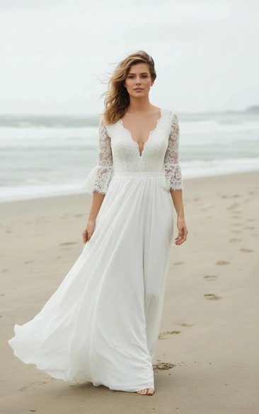 Deep V-Neck Flowy Beach Wedding Dress with Half Sleeves
