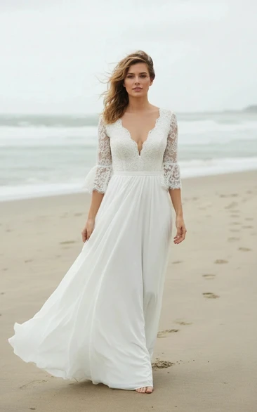 Deep V-Neck Flowy Beach Wedding Dress with Half Sleeves