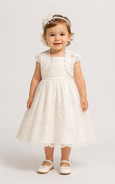 Baby Christening Gown Modest A-Line Cap Sleeve Tulle Lace Tea-Length with Bow Sash in Ivory