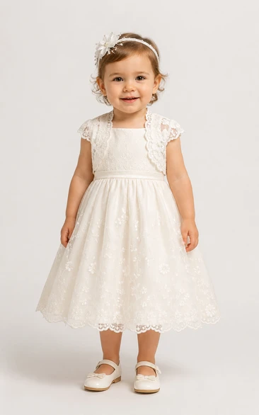 Baby Christening Gown Modest A-Line Cap Sleeve Tulle Lace Tea-Length with Bow Sash in Ivory