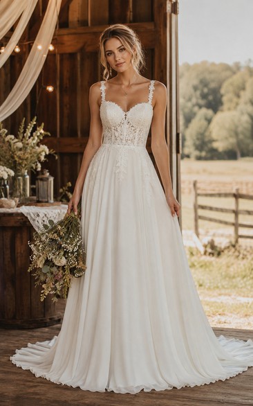 Spaghetti Strap A-Line Country Wedding Dress with Lace Bodice and Chiffon Skirt