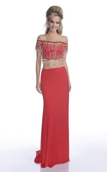 Crop Top Off-The-Shoulder Column Prom Dress With Crystal Jeweled Appliques