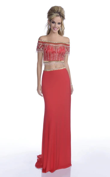 Crop Top Off-The-Shoulder Column Prom Dress With Crystal Jeweled Appliques
