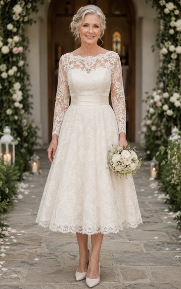 Tea Length Lace Older Brides Wedding Dress with Long Sleeve Sleeves
