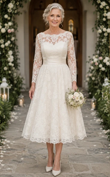 Tea Length Lace Older Brides Wedding Dress with Long Sleeve Sleeves