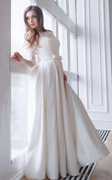 Scoop-Neck Lace 3/4 Length Sleeve A-Line Satin Modest Wedding Dress With Corset Back