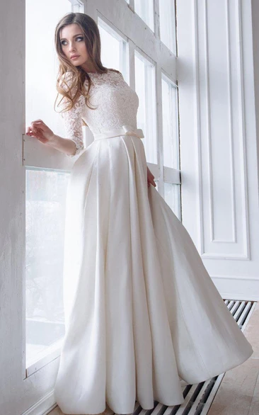 Scoop-Neck Lace 3/4 Length Sleeve A-Line Satin Modest Wedding Dress With Corset Back