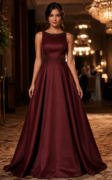 Gala Dinner Burgundy Beaded Satin A-Line Formal Gown