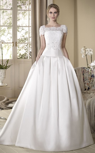 A-Line Cap-Sleeve Maxi Square-Neck Lace Satin Wedding Dress With Cape