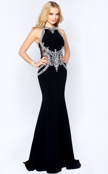 Sheath Maxi Jewel-Neck Sleeveless Jersey Straps Dress With Crystal Detailing