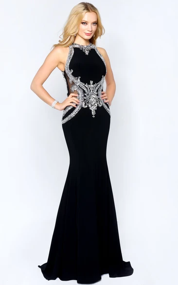 Sheath Maxi Jewel-Neck Sleeveless Jersey Straps Dress With Crystal Detailing
