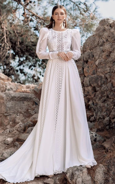 Scoop-neck Bohemian Chiffon Long Sleeve Empire Lace Wedding Dress
