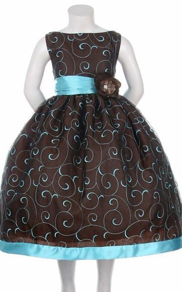 Tea-Length Embroideried Floral Organza&Taffeta Flower Girl Dress