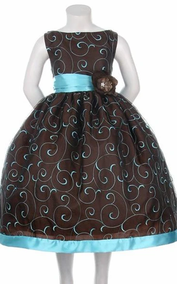 Tea-Length Embroideried Floral Organza&Taffeta Flower Girl Dress
