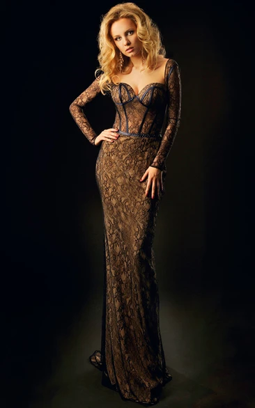 Sheath Long-Sleeve Floor-Length Sweetheart Lace Prom Dress