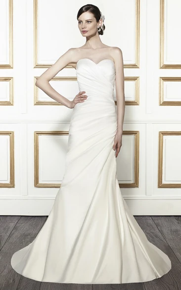 Trumpet Maxi Sweetheart Beaded Satin Chiffon Wedding Dress With Side Draping And Brush Train