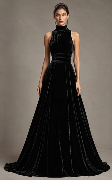 Black Velvet Halter A-Line Formal Gown