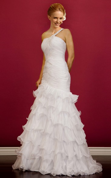 A-Line Maxi One-Shoulder Sleeveless Organza Dress With Tiers And Ruching