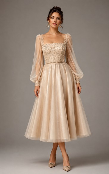 Champagne Square Neck Puff Sleeve Tulle Tea-length A-Line Dress