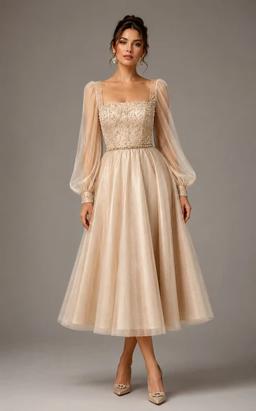 Champagne Square Neck Puff Sleeve Tulle Tea-length A-Line Dress