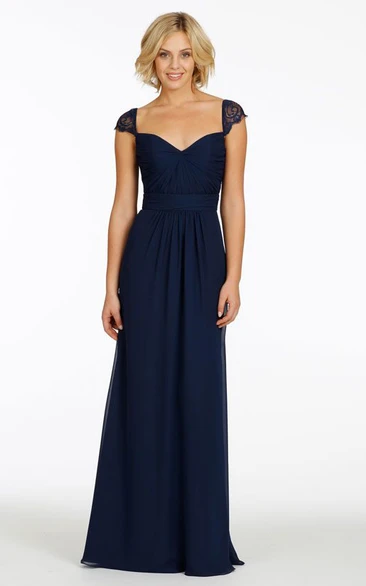 A-Line Floor-Length Cap-Sleeve Ruched Chiffon Bridesmaid Dress