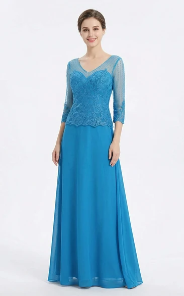 Illusion Sleeve V-Neck Chiffon Mother Gown