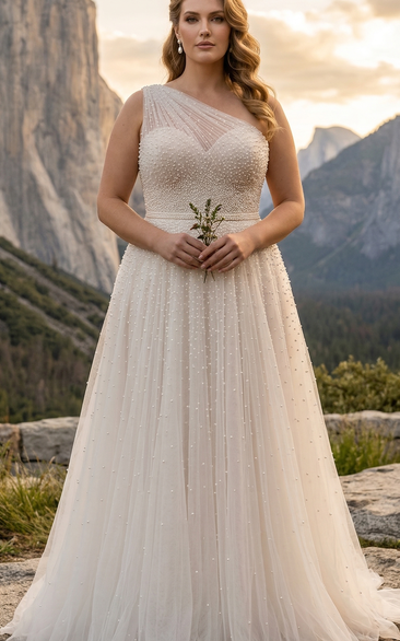 Plus Size A-Line Wedding Dress with One-Shoulder Illusion Beaded Tulle Bodice