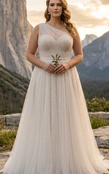 Plus Size A-Line Wedding Dress with One-Shoulder Illusion Beaded Tulle Bodice