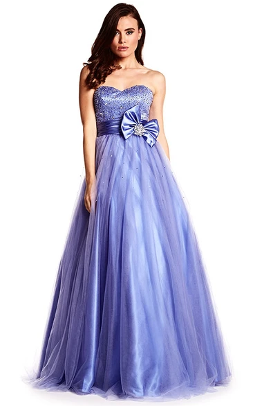 A-Line Sequined Sleeveless Sweetheart Long Tulle&Satin Prom Dress With Bow
