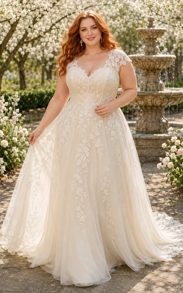 Plus Size Cap Sleeve Lace A-Line Wedding Dress with Soft Tulle Train