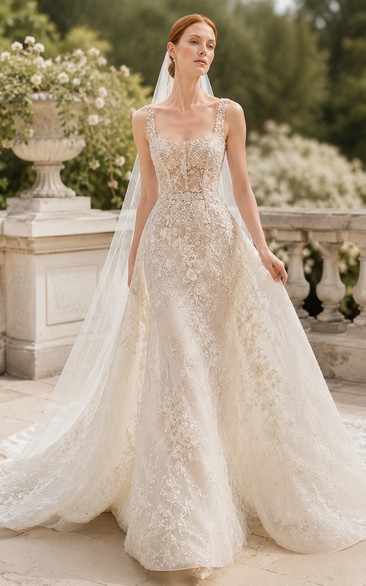 Spaghetti Strap Beaded A-Line Wedding Dress with Chapel Train