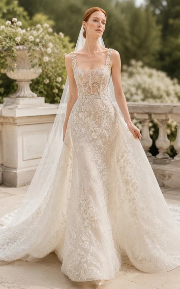 A-Linien-Brautkleid mit Spaghettiträgern, Perlenbesatz und Kapellenschleppe
