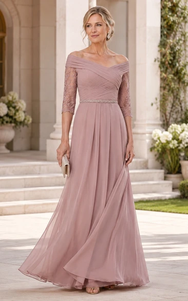 A-Line Off-the-Shoulder 3/4 Length Sleeve Chiffon Mother Dress with Ruching