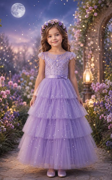 A-line Floor Length Cap Sleeve Tulle Flower Girl Dress with Lavender tiered tulle with subtle sparkle