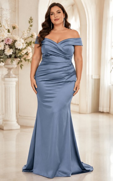 Plus Size Steel Blue Off-the-Shoulder Satin Mermaid Bridesmaid Dress