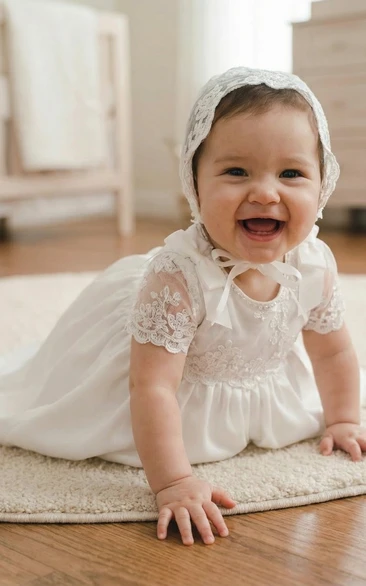 Christening White Baby Flower Girl Dress Lace Short Sleeve Gown with Bow Bonnet