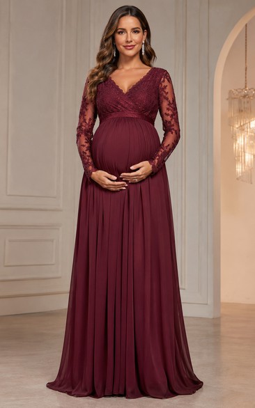 Maternity A-Line Lace Maternity Dress with V-neck, Long Sleeve and Lace Ruching, Floor Length