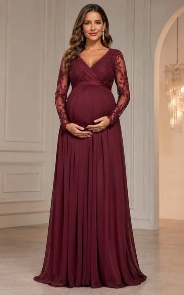 Maternity A-Line Lace Maternity Dress with V-neck, Long Sleeve and Lace Ruching, Floor Length