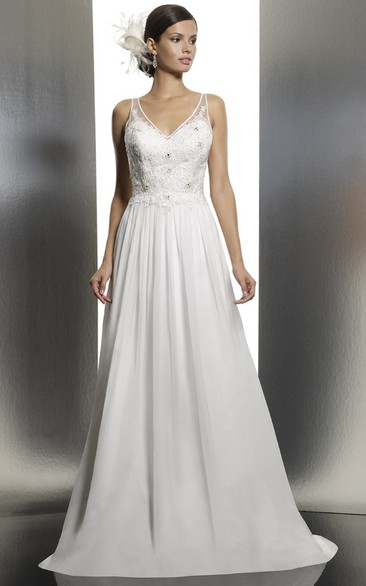 Sheath Floor-Length V-Neck Sleeveless Appliqued Chiffon Wedding Dress With Pleats And Backless Style