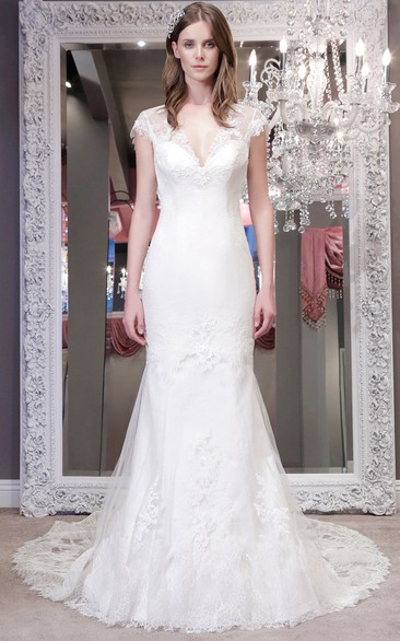 Trumpet V-Neck Cap-Sleeve Floor-Length Lace Wedding Dress With Appliques And Illusion