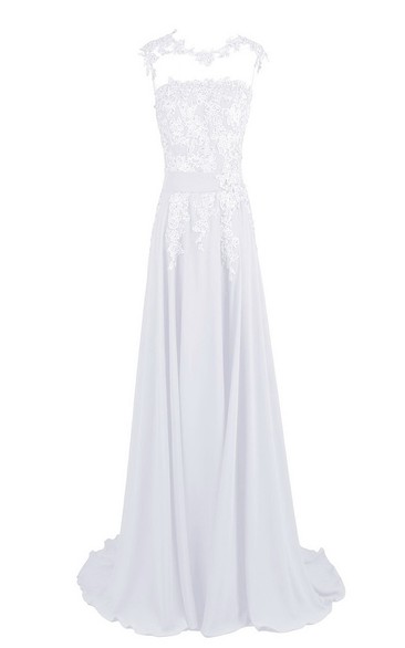 Sleeveless High Neck Appliqued Bodice Long Chiffon Dress